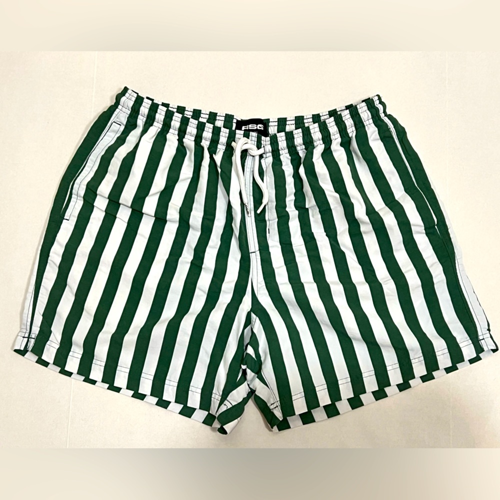RSQ Mens Large Retro Streetwear Bold Stripe Green White Nylon Swim Trunk Shorts